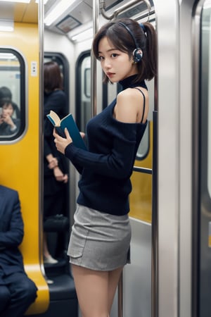 8K Cinema Reality, High resolution, high quality, A girl reading a book with airpods on the subway in a short skirt, open shoulder Wearing a short-sleeved knitwear, Skirt, High heels, Korean style, Shy expression, Full-body shot, a small natural five finger, tied hair style, blue_eyes