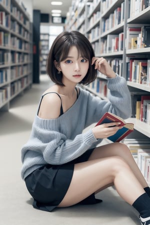 8K Cinema Reality, High resolution, high quality, A A girl sitting on the library floor reading a book, open shoulder Wearing a sweater, Skirt, Korean style, Shy expression, Full-body shot, small natural finger, v-cut hair, blue_eyes