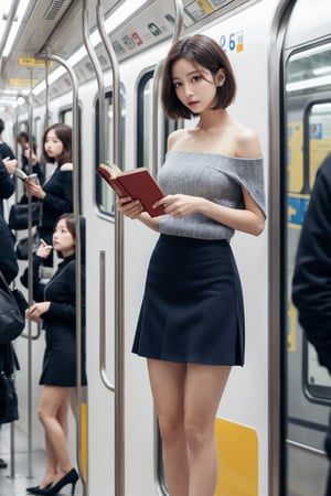 8K Cinema Reality, High resolution, high quality, A girl reading a book on the subway in a short skirt, open shoulder Wearing a short-sleeved color knitwear, Skirt, High heels, Korean style, Shy expression, Full-body shot, a small natural five finger, tied hair style, blue_eyes