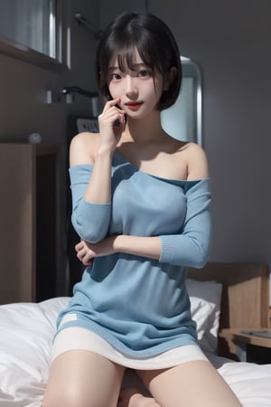 8k 3d  Reality, (best quality), (masterpiece), (korean pretty girl), a girl lying in bed, making humorous gestures, real face, a natural facial expression, clean and white skin, see blue eyes, a small natural finger, thin, small, and pretty hands, open shoulder Sweater shirt, micro short Skirt, tied short brown hair, Reality 3d background, ,zzenny_n,1 girl,hold_up_legs,nightgown