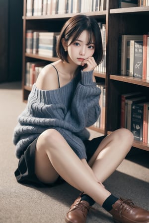 8K Cinema Reality, High resolution, high quality, A A girl sitting on the library floor reading a book, open shoulder Wearing a sweater, Skirt, Korean style, Shy expression, Full-body shot, small natural finger, short hair, blue_eyes