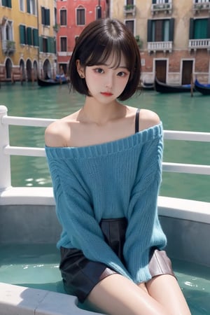 8K resolution, 3d, masterpiece, best quality, Cinema Reality, High resolution, high quality, A girl sitting in a fountain in the city, short skirt, open shoulder Wearing a sweater, Skirt, a girl on a boat in Venice, Korean style, Shy expression, Full-body shot, small natural finger, disheveled short hair style, blue_eyes, korea idol style, cute face