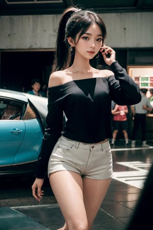 8K resolution, masterpiece, best quality, realistic,cinematic lighting, extremely detailed,korea idol style, school girl, short split_ponytail girl with black hair, smile realistic face, browneyes, off-shoulder_shirt, short_shorts, in a realistic setting,body shot, with a convenience_store realistic background, 3Dcinematic, Multiple_earrings,pose,ninjascroll,kawacy,no_humans,interior, ,isometric,Traditional Media,car on shit,bchiron,natural fingers