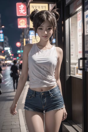 8k 3d  realitic, seoul night detailed background, sexy face, scenery, 1girl, smile, shorts brown hair, quad_tails, brown eyes,  long realitic reg. japanes style.