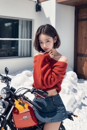 8K Cinema Reality, High resolution, high quality, a girl riding a motorcycle on a snowy day, Korean idol style, Full-body shot, small hands, a little pretty hands, small natural five little finger, short hair up, see blue_eyes, red color sweater with a Open shoulder, mini skirt, bright white skin,