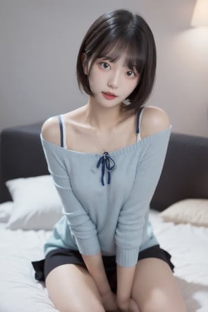 8k 3d  Reality, (best quality), (masterpiece), (korean pretty girl), a girl lying in bed, making humorous gestures, real face, a natural facial expression, clean and white skin, see blue eyes, a small natural finger, thin, small, and pretty hands, open shoulder Sweater shirt, micro short Skirt, tied short brown hair, Reality 3d background, ,zzenny_n,1 girl,hold_up_legs,nightgown