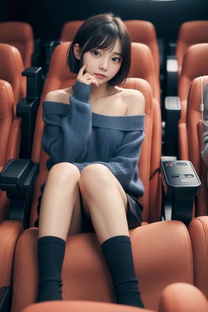 8K Cinema Reality, High resolution, high quality, A girl sitting in a movie theater chair, open shoulder Wearing a sweater, Skirt, hiheal, Korean style, Shy expression, Full-body shot, small natural finger, disheveled short hair style, blue_eyes