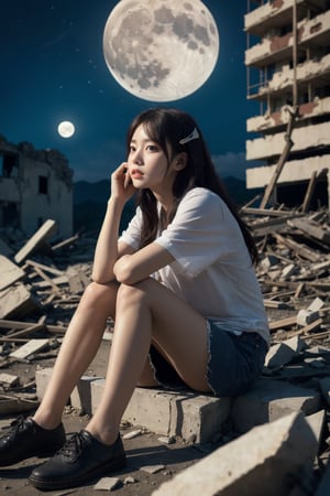 8K Cinema Reality, High resolution, high quality, A girl sitting in old, broken clothes in a ruined city where the big moon shines, Korean style, Full-body shot, small hands, small natural five finger, tied hair style, blue_eyes