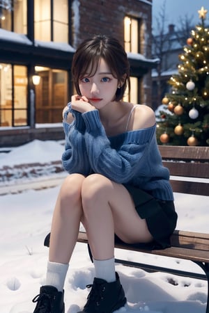 8K resolution, 3d, masterpiece, best quality, Cinema Reality, High resolution, high quality, Snowy City, Girl Sitting Christmas Tree on Bench in Front of Building, short skirt, open shoulder Wearing a sweater, Skirt, Shy expression, Full-body shot, small natural finger, tie short hair style, blue_eyes, korea idol style, cute face