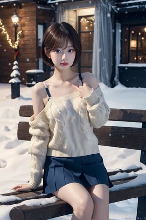 8K resolution, 3d, masterpiece, best quality, Cinema Reality, High resolution, high quality, Snowy City, Girl Sitting Christmas Tree on Bench in Front of Building, short skirt, open shoulder Wearing a sweater, Skirt, Shy expression, Full-body shot, small natural finger, tie short hair style, blue_eyes, korea idol style, cute face