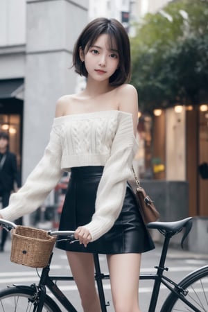 8K Cinema Reality, High resolution, high quality, a girl riding a bicycle in a short skirt, open shoulder Wearing a sweater, Skirt, hiheal, Korean style, Shy expression, Full-body shot, small natural finger, disheveled short hair style, blue_eyes