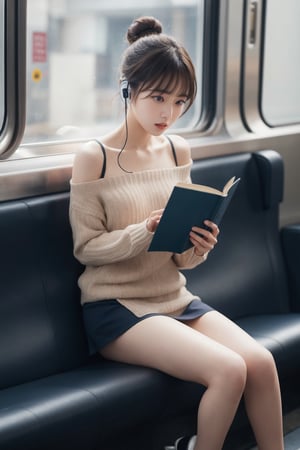 8K Cinema Reality, High resolution, high quality, A girl reading a book with earphones on the subway in a short skirt, open shoulder Wearing a short-sleeved knitwear, Skirt, High heels, Korean style, Shy expression, Full-body shot, small natural finger, Roll bun hair style, blue_eyes