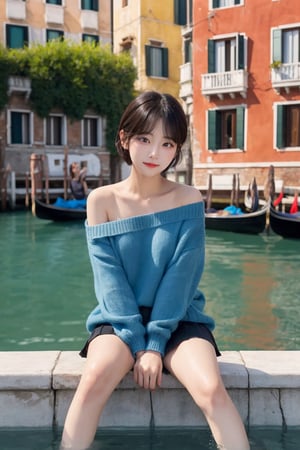 8K resolution, 3d, masterpiece, best quality, Cinema Reality, High resolution, high quality, A girl sitting in a fountain in the city, short skirt, open shoulder Wearing a sweater, Skirt, a girl on a boat in Venice, Korean style, Shy expression, Full-body shot, small natural finger, disheveled short hair style, blue_eyes, korea idol style, cute face