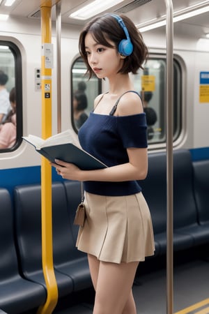 8K Cinema Reality, High resolution, high quality, A girl reading a book with airpods on the subway in a short skirt, open shoulder Wearing a short-sleeved color knitwear, Skirt, High heels, Korean style, Shy expression, Full-body shot, a small natural five finger, tied hair style, blue_eyes