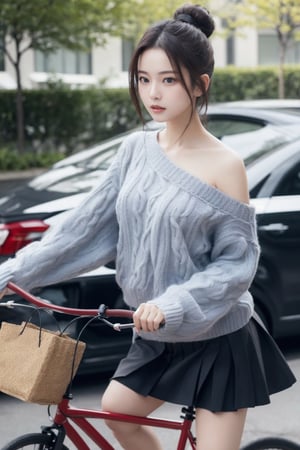 8K Cinema Reality, High resolution, high quality, a girl riding a bicycle in a short skirt, open shoulder Wearing a sweater, Skirt, hiheal, Korean style, Shy expression, Full-body shot, small natural finger, Roll bun hair style, blue_eyes