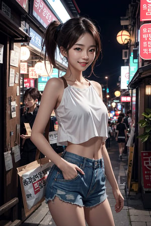 8k 3d  realitic, seoul night detailed background, sexy face, scenery, 1girl, smile, shorts brown hair, quad_tails, brown eyes,  long realitic reg. japanes style.