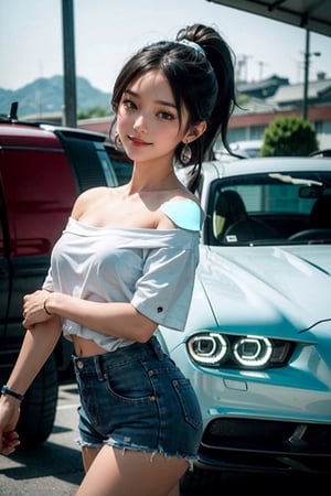 8K resolution, masterpiece, best quality, realistic,cinematic lighting, extremely detailed,korea idol style, school girl, ponytail girl with black hair, smile realistic face, browneyes, off-shoulder_shirt, short_shorts, in a realistic setting,body shot, with a convenience_store realistic background, 3Dcinematic, Multiple_earrings,pose,ninjascroll,kawacy,no_humans,interior, ,isometric,Traditional Media,car on shit,bchiron,natural fingers,Food Truck