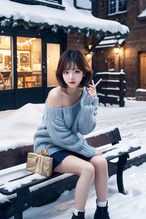 8K resolution, 3d, masterpiece, best quality, Cinema Reality, High resolution, high quality, Snowy City, Girl Sitting Christmas Tree on Bench in Front of Building, short skirt, open shoulder Wearing a sweater, Skirt, Shy expression, Full-body shot, small natural finger, tie short hair style, blue_eyes, korea idol style, cute face