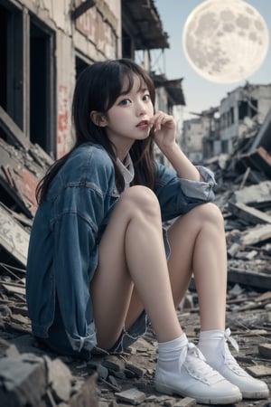 8K Cinema Reality, High resolution, high quality, A girl sitting in old, broken clothes in a ruined city where the big moon shines, Korean style, Full-body shot, small hands, small natural five finger, tied hair style, blue_eyes