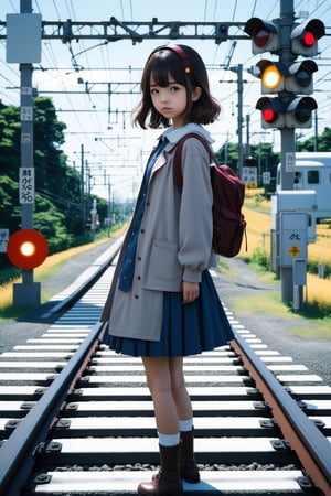 A girl standing at a railroad crossing that is likely to appear in Japanese animation