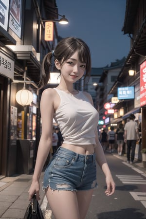 8k 3d  realitic, seoul night detailed background, sexy face, scenery, 1girl, smile, shorts brown hair, quad_tails, brown eyes,  long realitic reg. japanes style.