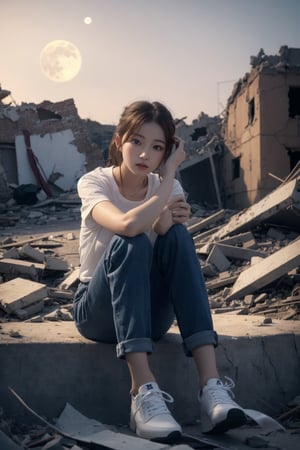 8K Cinema Reality, High resolution, high quality, A girl sitting in old, broken clothes in a ruined city where the big moon shines, Korean style, Full-body shot, small hands, small natural five finger, tied hair style, blue_eyes