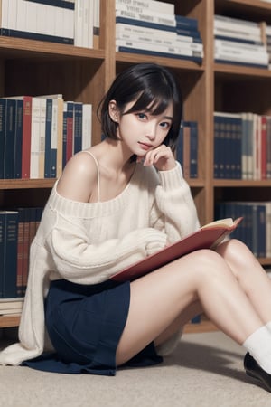8K Cinema Reality, High resolution, high quality, A A girl sitting on the library floor reading a book, open shoulder Wearing a sweater, Skirt, hiheal, Korean style, Shy expression, Full-body shot, small natural finger, disheveled short hair style, blue_eyes