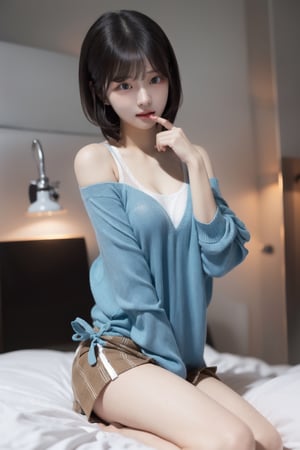 8k 3d  Reality, (best quality), (masterpiece), (korean pretty girl), a girl lying in bed, making humorous gestures, real face, a natural facial expression, clean and white skin, see blue eyes, a small natural finger, thin, small, and pretty hands, open shoulder Sweater shirt, micro short Skirt, tied short brown hair, Reality 3d background, ,zzenny_n,1 girl,hold_up_legs,nightgown