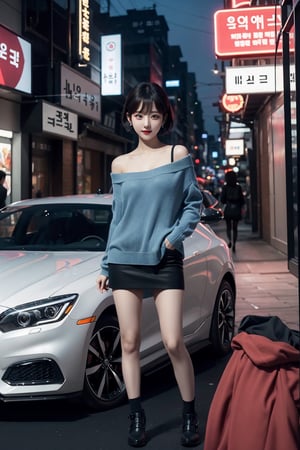 8K resolution, 3d, masterpiece, best quality, Cinema Reality, High resolution, high quality, A girl standing next to a future car in a dark future city, short skirt, open shoulder Wearing a sweater, Skirt, hiheal, Korean style, Shy expression, Full-body shot, small natural finger, disheveled short hair style, blue_eyes, korea idol style, cute face