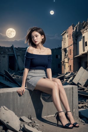 8K Cinema Reality, High resolution, high quality, A girl sitting in old, broken clothes in a ruined city where the big moon shines, open shoulder Wearing a short-sleeved color knitwear, Skirt, High heels, Korean style, Shy expression, Full-body shot, small hands, small natural five finger, tied hair style, blue_eyes