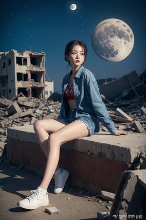 8K Cinema Reality, High resolution, high quality, A girl sitting in old, broken clothes in a ruined city where the big moon shines, Korean style, Full-body shot, small hands, small natural five finger, tied hair style, blue_eyes
