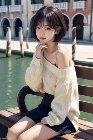 8K resolution, 3d, masterpiece, best quality, Cinema Reality, High resolution, high quality, The girl sitting on the bench in front of the building on a snowy day, short skirt, open shoulder Wearing a sweater, Skirt, a girl on a boat in Venice, Korean style, Shy expression, Full-body shot, small natural finger, disheveled short hair style, blue_eyes, korea idol style, cute face