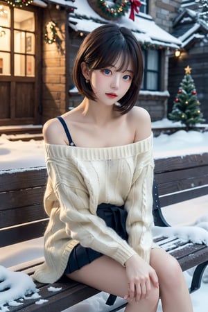 8K resolution, 3d, masterpiece, best quality, Cinema Reality, High resolution, high quality, Snowy City, Girl Sitting Christmas Tree on Bench in Front of Building, short skirt, open shoulder Wearing a sweater, Skirt, Shy expression, Full-body shot, small natural finger, tie short hair style, blue_eyes, korea idol style, cute face