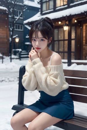 8K resolution, 3d, masterpiece, best quality, Cinema Reality, High resolution, high quality, Snowy City, Girl Sitting Christmas Tree on Bench in Front of Building, short skirt, open shoulder Wearing a sweater, Skirt, Shy expression, Full-body shot, small natural finger, disheveled short hair style, blue_eyes, korea idol style, cute face