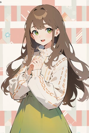 (masterpiece, best quality, highres:1.3), ultra resolution image, (Detailed facial expressions), teenager, 12 years old, (1girl),((solo)), light_brown_hair, light_green_eyes, long four gored dress, laugh, ((happy)), (pattern background),  midjourney ,masterpiece, sweater, long hair, shy