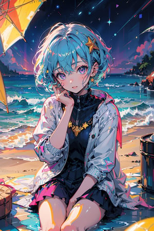 (masterpiece, best quality, chromatic aberration), 1girl sitting on the beach, summer, sea, coast, Star stickers on face, Aquarius hair accessories, pixie cut,, star \(symbol\), starry sky eyes, kaelan, light blue hair, purple_eyes, blue, purple