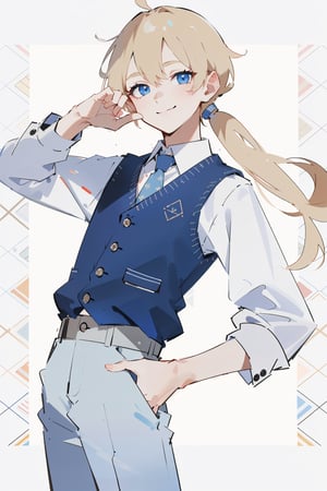 (masterpiece, best quality, highres:1.3), ultra resolution image, (Detailed facial expressions), teenager, 14 years old, (1boy),((solo)), blond low ponytail,  light_blue_eyes, White long-sleeved shirt, knitted vest, long_pants, smile, ((happy)), (pattern background),  midjourney ,masterpiece