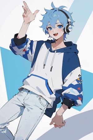 (masterpiece, best quality, highres:1.3), ultra resolution image, (Detailed facial expressions), teenager, (1boy),((solo)), grey-blue hair, blue eyes, casual clothing, minimalist, hoodie [blue striped], White shirt, laugh, ((happy)), (pattern background), white headset, wide leg jeans, midjourney, blue headphones,masterpiece