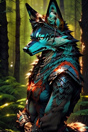 ultra hires,  ultra detailed,  masterpiece,  best quality, human hybrid, wolf woman, fluffy wolf tail,  wolf ears, furry chest, silver fur with teal streaks and orange tufts, colorful,  bright forest background, decorative armor, green theme, exposure blend,  medium shot,  bokeh,  (hdr:1.4),  high contrast,  (cinematic,  teal and orange:0.85),  (muted colors,  dim colors,  soothing tones:1.3),  low saturation, Japanese scene, large armored breasts, human hips, tall, slender physique, wide hips, chest armor