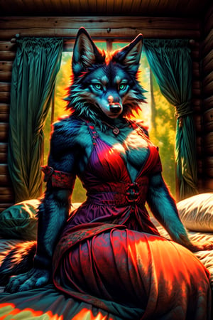 ultra hires,  ultra detailed,  masterpiece,  best quality, human hybrid, wolf woman, fluffy wolf tail,  cat face, furry chest, teal fur with small orange streaks and red tufts, bed in a cabin background, vine dress green theme, exposure blend,  medium shot,  bokeh,  (hdr:1.4),  high contrast,  (cinematic,  teal and orange:0.85),  (muted colors,  dim colors,  soothing tones:1.3),  low saturation, Japanese scene, human hips, tall, slender physique, wide hips, chest armor, high resolution face, face check, laying down, comfy, sexy, visible labia, boudoir