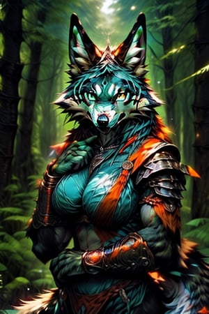 ultra hires,  ultra detailed,  masterpiece,  best quality, human hybrid, wolf woman, fluffy wolf tail,  wolf ears, furry chest, silver fur with teal streaks and orange tufts, colorful,  bright forest background, decorative armor, green theme, exposure blend,  medium shot,  bokeh,  (hdr:1.4),  high contrast,  (cinematic,  teal and orange:0.85),  (muted colors,  dim colors,  soothing tones:1.3),  low saturation, Japanese scene, large armored breasts, human hips, tall, slender physique, wide hips, chest armor, high resolution face