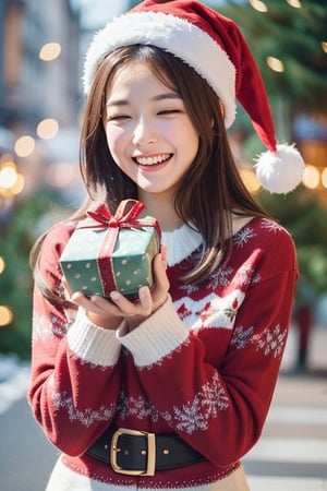 A woman wearing a Christmas sweater and a Santa hat is very happy, squinting smile, making exaggerated movements, happily holding a gift box, Stretch your hand forward,Detailedface