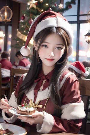 Santa claus date with a catgirl, romatic , restaurant , happy, (detailed), cute illustration, (masterpice), intricate art