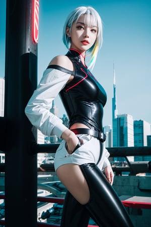 masterpiece, (photorealistic:1.4), best quality, beautiful lighting, (ulzzang-6500:0.5), lucy \(cyberpunk\), 1girl, white hair, against railing, arm rest, bangs, bare shoulders, belt, black belt, black leotard, black pants, blurry, bob cut, breasts, building, cityscape, clothing cutout, (cropped jacket), cyberpunk, depth of field, from side, gradient eyes, grey eyes, grey hair, white jacket, leotard, lips, long sleeves, looking afar, looking ahead, (mechanical parts), medium breasts, multicolored eyes, multicolored hair, night, night sky, off shoulder, open clothes, open jacket, outdoors, pants, parted lips, railing, red eyeliner, science fiction, short hair with long locks, short shorts, shorts, sidelocks, sky, solo, standing, teeth, thigh cutout, upper teeth only, white jacket, white shorts, cyberpunk \(series\), cyberpunk edgerunners, RAW photo, 8k uhd, film grain, cosplay, white wig, night, neon lights,,,, 