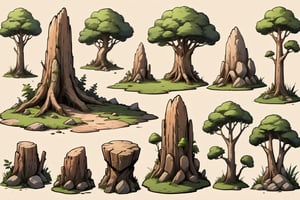 this set of tree stumps trees, rock faces and stones with various terrain to explore as an environment, there are a bunch of rocks trees and grass all grouped together, no humans, tree, rock, scenery, a set of images of stone and vegetation pieces on a brown background, a drawing of a bunch of trees and rocks with varying textures and sizes,