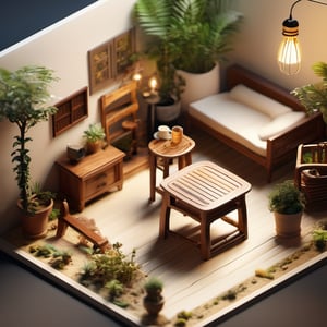 8k, RAW photos, top quality, masterpiece: 1.3, miniature,african landscape, depth of field, ladder, table, from above, English text, chair, lamp, coffee, architecture, tree, potted plants, isometric style, simple background, white background,3d isometric