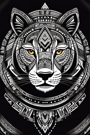 Tribal Spirit animals: tribal art, featuring a intricately detailed spirit lioness, powerful, mysterious, high contrast, The design incorporates geometric patterns and bold linework to create a striking and powerful composition. Black background, 8k, ready to print illustration of hand drawn lioness, simple vector, black white, few colors and many shades, clean and sharp lines