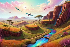 Holographic, african landscape, (3D) bird's eye view,
from above, colorful , and lush grasslands. Winding paths crisscross the hills, Magical multicolor ink, high quality, imagination, 8K, fantasy art, vibrant magical colors, style painting magic.