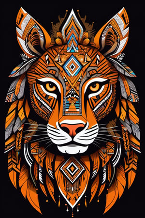 Tribal Spirit animals: tribal art, featuring a intricately detailed spirit animal lioness. cute, powerful, mysterious, high contrast, The design incorporates geometric patterns and bold linework to create a striking and powerful composition. Black background, 8k, ready to print illustration of hand drawn hawk, simple vector, black white orange, few colors and many shades, clean and sharp lines