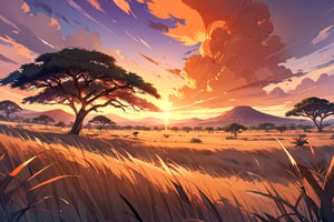 A majestic african landscape, the wind is flowing through the tall grass of the savannah,In the distance,the setting sun paints the sky in shades of fiery orange and deep purple,casting a warm and welcoming glow across the African landscape
